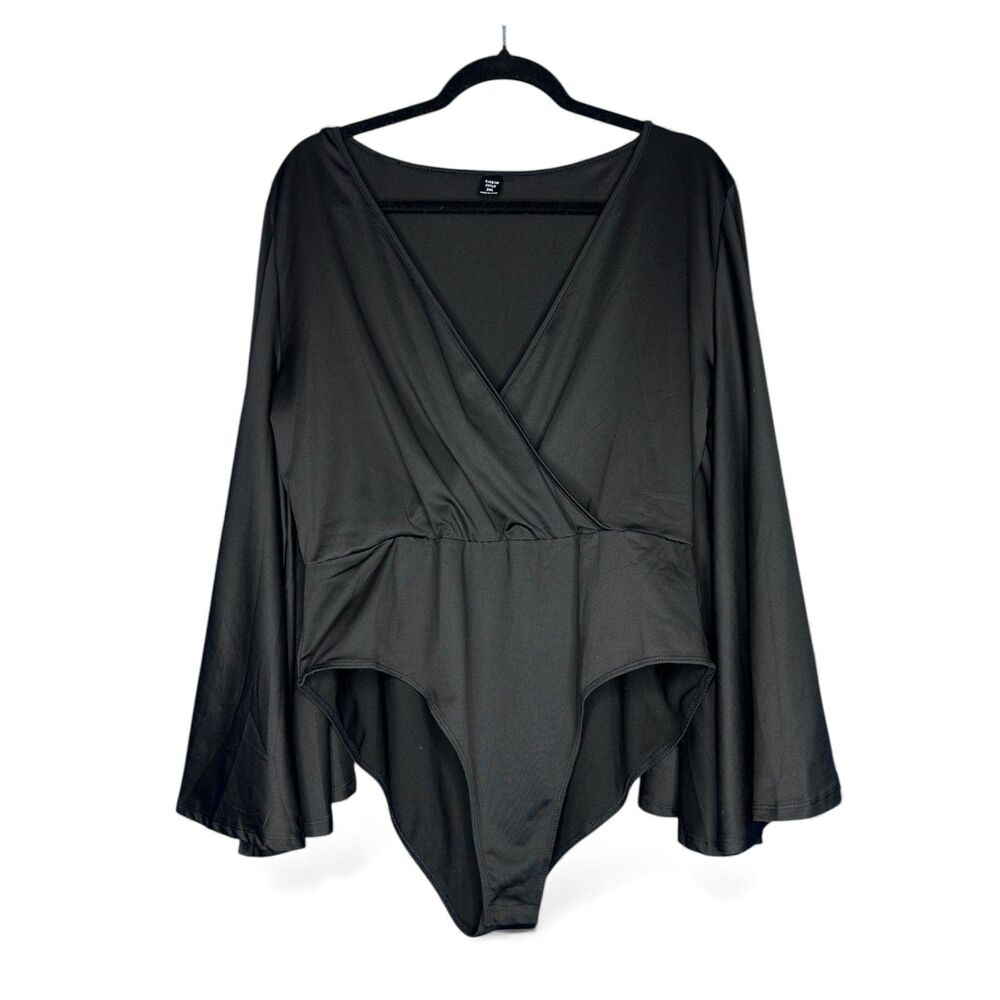 Women's Black Deep V-Neck Bodysuit Flare Sleeve 2XL Whimsygoth Fairygrunge Moody